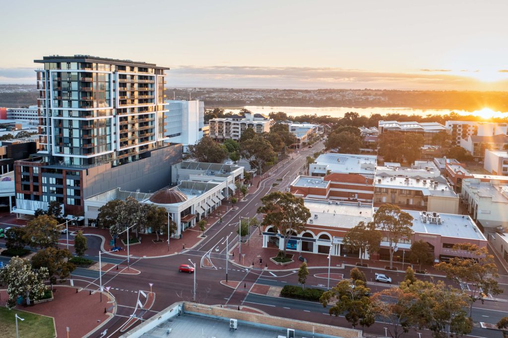 Aerial view of City of Joondalup at sunset.